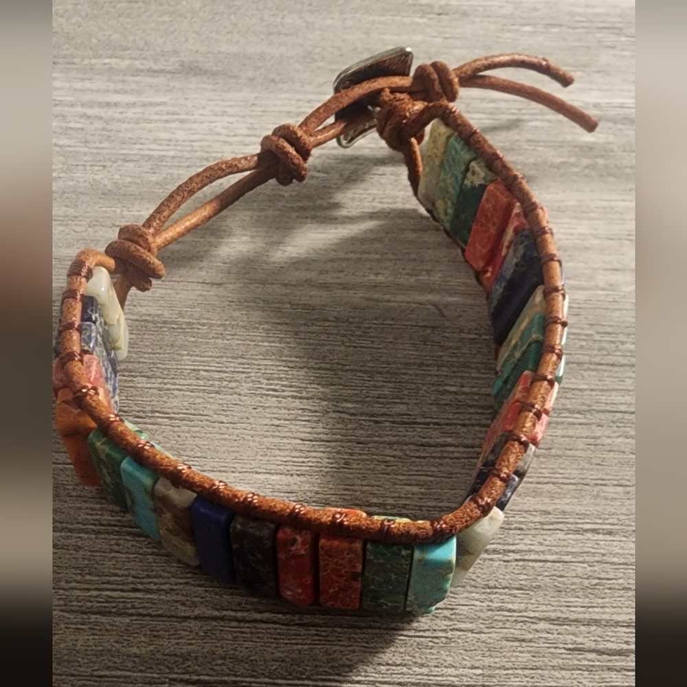 Multicolor Jade Stone Bracelet‎ with Leather Cord, 7 1/4".
